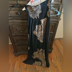 100% silk Black Maxi Dress with Gold Paisley Print
